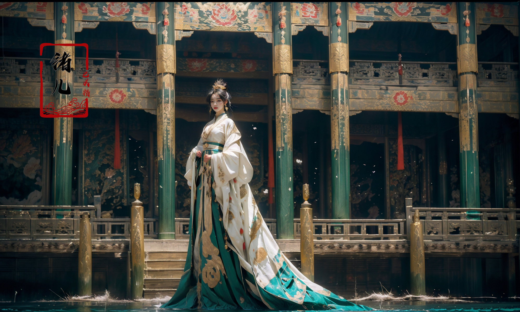 606247209521969373-1467802235-Dark and majestic Chinese palace background at night, waves and swirls of emerald color, a beautiful girl standing in the palace.jpg